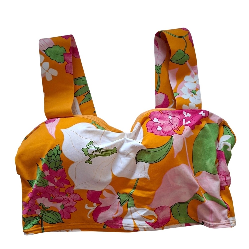 Lands End Swim Bikini Top size 10 Orange Floral tropical Print Swimwear M